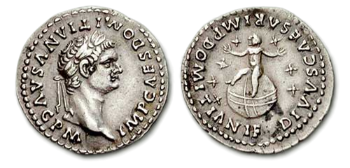 Silver Denarius (AD 82–83) of Domitian, featuring his deified infant son, who was born in AD 73 and died young, seated on a globe surrounded by seven stars.